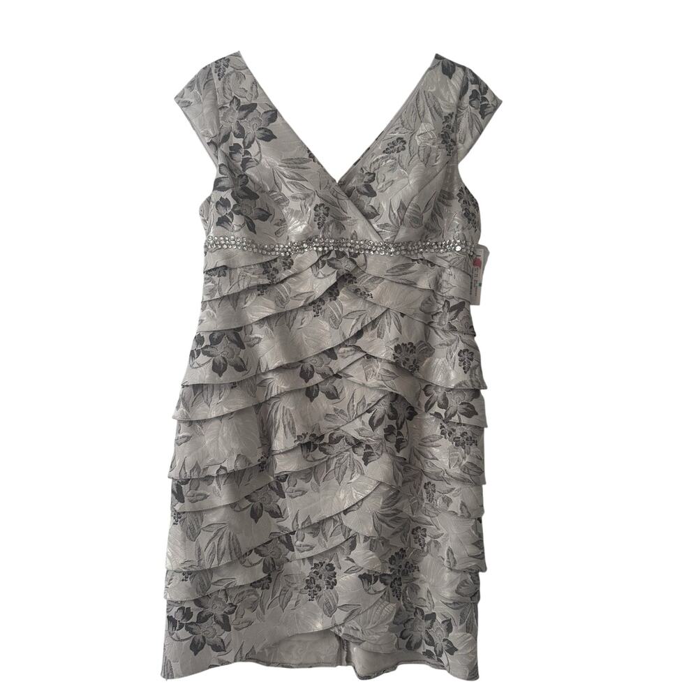 Alex Evenings Layered Dress Women's 16 Petite Silver Floral Rhinestones Elegant